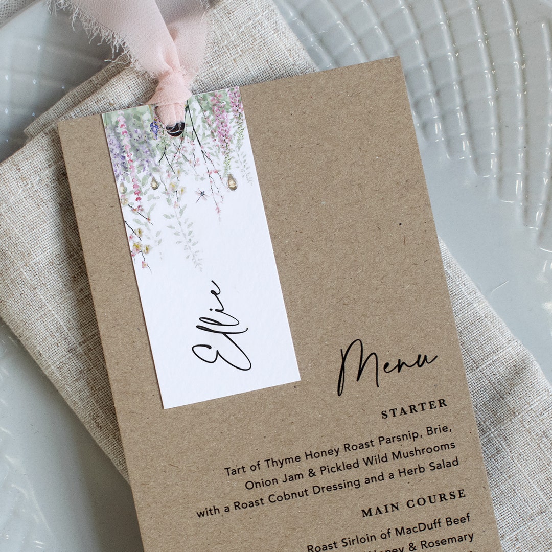 Rustic Wedding Menu & Guest Name Tag Tied With Raw Edge Ribbon ...