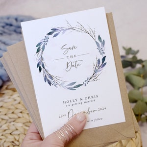 Winter A6 Save the Date Karten, Hochzeit Save the Date, rustikale Save the Date Karte, Winterhochzeit, Weihnachtshochzeitseinladung, Blau, Laub