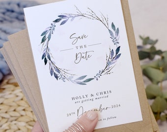 Winter A6 Save the Date Cards, Wedding Save the Date, Rustic Save the Date Card, Winter wedding, Christmas Wedding Invitation, Blue, Foliage