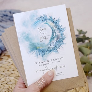 Strandhochzeit Save the Date Karten, A6 Hochzeit Save the Date, Zielhochzeit Save the Date Karte, Hochzeitseinladung, blau 'Ocean Road'