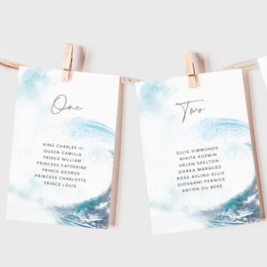 Cartes de plan de salle personnalisées, plan de table de mariage sur la plage, plan de salle, plan de table de mariage à destination, plan de table bleu « Ocean Road »