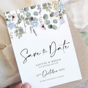 Immergrüne Blätter A6 Save the Date Karten | Hochzeit Save the Dates | Rustikale Save the Date Karten | Wildblume | Elegante Hochzeit