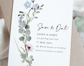 Simple Save the Date Cards, Wedding Save the Dates, Rustic Save the Date Cards, Eucalyptus and wild flowers, 'Periwinkle' collection