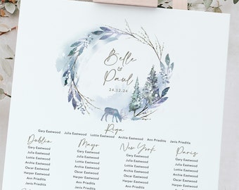 Winter Wedding Table Plan, Woodland Wedding Seating Chart, Table Plan Board, Deer, Winter Trees, Blue Table Plan 'Winter Woodland'''