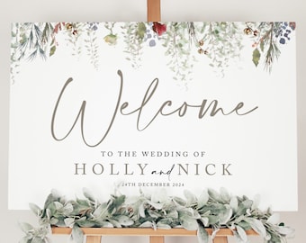 Christmas Wedding Welcome Sign, Winter Wedding Welcome Board, Weddng Sign, Foliage  Wedding Signage, 'Whimsical Noel' Red Wedding Sign