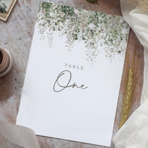 Kaarten tafelnummer gebladerte, tafelnummer receptie, kaart tafelnummer bruiloft, saliegroen, groen, collectie 'Whimsical Windsor'
