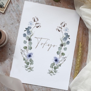 Cartes de visite pour table de mariage, numéros de table de réception, vert sauge, bleu, imprimés. Collection « Fleurs d'hiver »
