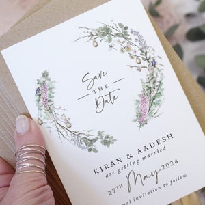 Skurrile Kranz A6 Save the Date Karten, Boho Hochzeit Save the Date Karte Blush Pink, Salbei Grün, Save the Date gedruckt