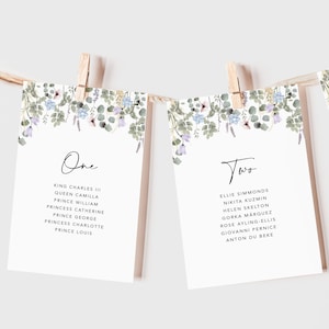 Carte per il piano dei posti a sedere con fogliame pervinca, carte per il piano del tavolo nuziale, tabella dei posti a sedere, eucalipto, fiori di campo, minimalista, rustico, verde salvia, blu