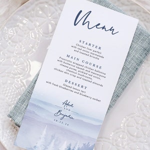 Menu De Mariage D'hiver, Carte De Menu De Mariage, Menus Pour Mariage, Petit Déjeuner De Mariage, Menu Des Boissons, Menu Du Dîner De Mariage, Imprimé, Cartes De Menu Bleues