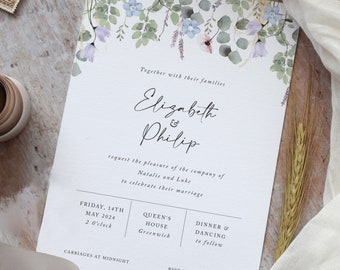 Rustic Wedding Invitations, Wildflower Wedding Invite, Foliage Wedding Invitation, 5x7 'Periwinkle Foliage' collection SAMPLE