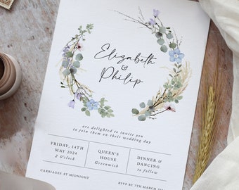 Rustic Wedding Invitations, Wildflower Wedding Invite, Foliage Wedding Invitation, 5x7 'Periwinkle Wreath' collection SAMPLE