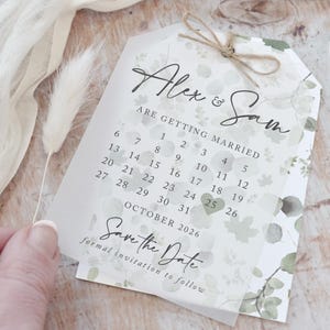 "Hochzeits-Save the Date Karte, ""Vellum Save the Date"" Tags, Kalender Save the Date, Salbei Grün Save the Date 'Weide""