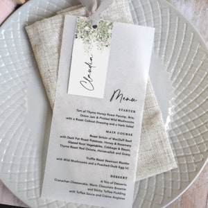 Rustic Wedding Menu & Guest Name Tag tied with raw edge ribbon. 'Whimsical Windsor' collection. Vellum Wedding Menu.