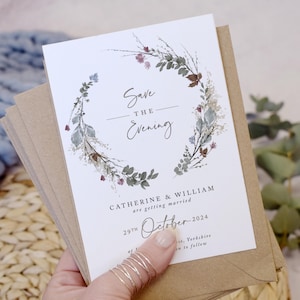 Cartões de reserva de coroa de outono A6 | Cartões de reserva de datas de casamento | Cartões de reserva de data rústicos | Casamento de outono