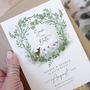Wildblumen Woodland A6 Save the Date Karten, Hochzeit Save the Date, rustikale Save the Date Karte, Frühlingshochzeit, Salbei Grün, Woodland