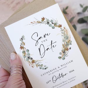 Hochzeit Save the Date Karten, Herbsthochzeit. Kollektion 'Herbst Weidenkranz'.