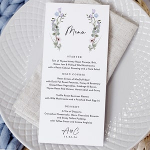 Menu de mariage élégant, Cartes de menu de mariage, Menus pour mariage, Petit-déjeuner de mariage, Menu de boissons, Menu de dîner de mariage, 'Periwinkle Floral' ''