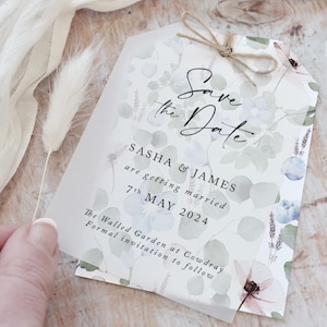 MUSTER Periwinkle Vellum Save the Date Tags | Hochzeit Save the Date Karten | Modernes Hochzeits-Briefpapier | Rustikale Save the Dates