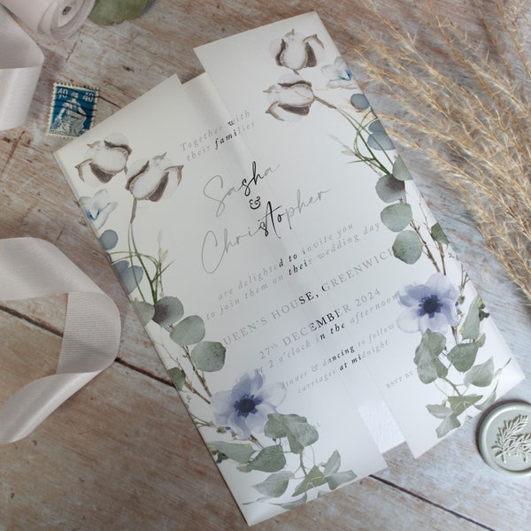 Vellum Jacket for 5x7 invitations, Invitation vellum wrap, envelope liner, DIY wedding invitation supplies 'Winter Floral' collection