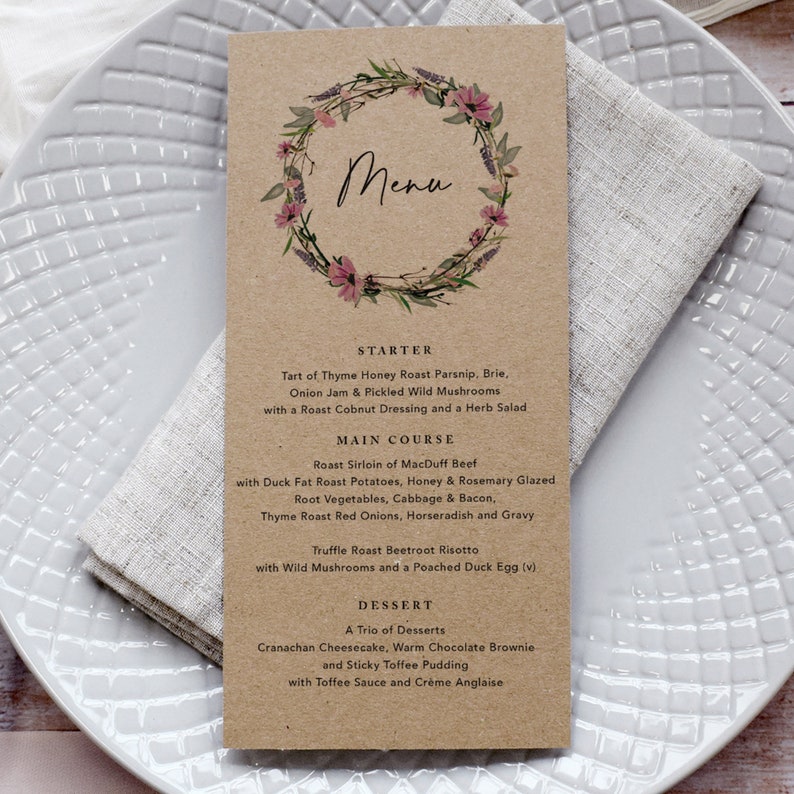 Kraft Wedding Menu, Wedding Menu Card, Menus For Wedding, Wedding Breakfast, Drinks Menu, Wedding Dinner, Rustic Menu, Whisper Wreath Kraft image 2