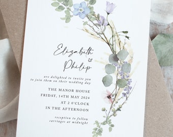 Wildflower Wedding Invitations, Simple Wedding Invite, Modern Wedding Stationery, 5x7 'Periwinkle Floral' SAMPLE