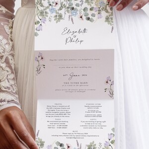 Faire-part de mariage en accordéon, faire-part de mariage rustique, échantillon de fleurs sauvages « feuillage pervenche » de mariage rustique - 3 plis