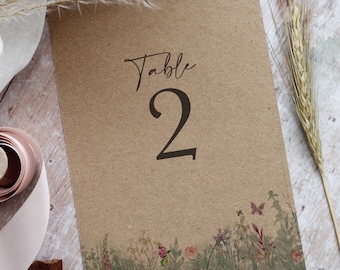 Rustic Kraft Table Number Cards,  Wedding Table Number, Rustic Wedding Table Decor 'Secret Garden Kraft' collection