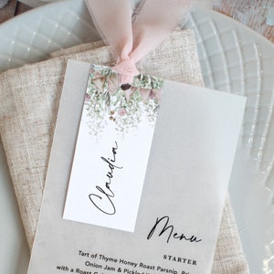 Rustic Wedding Menu & Guest Name Tag tied with raw edge ribbon. 'Whimsical Barn' collection. Vellum Wedding Menu.