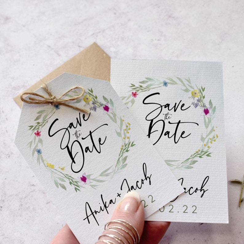 Flower Press Wreath Save the Date Card Save the Date Tags Spring Wedding Stationery Floral Save the Dates or Change the Date Cards image 1