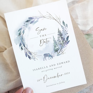 Winter Woodland A6 Save the Date Karten, Hochzeit Save the Dates, Rustikale Save the Date Karten, Winterhochzeit, Weihnachtshochzeit einladen, blau