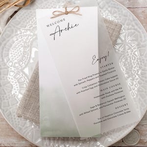Vellum Wedding Menu with rustic twine bow, Wedding Name Card, Wedding Place card, &#39;Sage Green&#39; collection