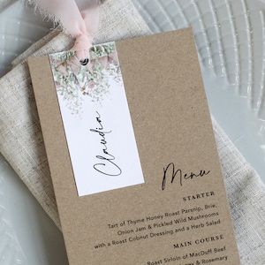 Rustic Wedding Menu & Guest Name Tag tied with raw edge ribbon. 'Whimsical Barn' collection. Kraft Card.