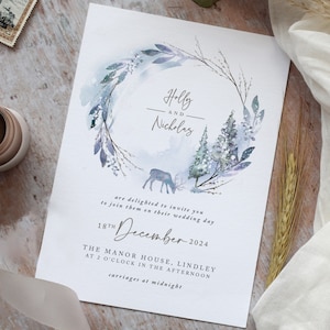 Winter Wedding Invitations, Rustic Wedding Invite, Dusky Blue Wedding Invitation, 5x7 &#39;Winter Scene&#39; collection SAMPLE