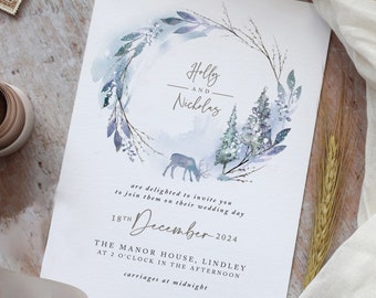 Invitations de mariage d’hiver, invitation de mariage rustique, invitation de mariage bleu sombre, collection 5x7 'Winter Scene' SAMPLE