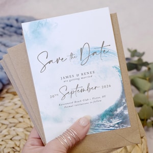 Strandhochzeit Save the Date Karten, A6 Hochzeit Save the Date, Urlaubsziel Hochzeit Save the Date Karte, Blau 'Ocean Road - Wave'