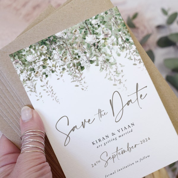 Whimsical Windsor A6 Save the Date Cards, Foliage wedding Save the Dates, Rustic Save the Date Cards, Greenery Save the Date, Sage Green