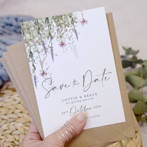 Flüstern A6 Save the Date Karten, Hochzeit Save the Dates, rustikale Save the Date Karten, Boho Hochzeit, Greenery, Salbei Grün, Blush Rosa, Lavendel