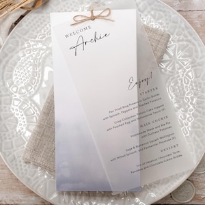 Menu de mariage en vélin avec noeud en ficelle rustique, carte de visite de mariage, carte de lieu de mariage, collection « Winter Blue »