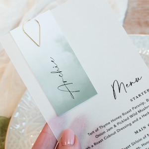 Vellum Wedding Menu & Guest Name Tag, Wedding Name Cards, Wedding Place card, Gold clip menu, 'Sage Green' collection