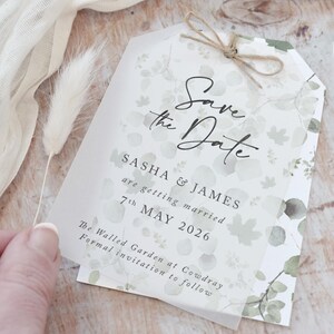 "Hochzeits-Save the Date Karte, ""Vellum Save the Date"" Tags, Sage Grün Save the Date, Laub Save the Date 'Weide""