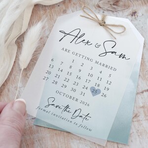 "Hochzeits-Save the Date Karte, ""Vellum Save the Date"" Tags, Kalender Save the Date, Salbei Grün Save the Date 'Ocean Blue'"