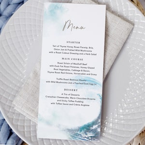 Menu de mariage de plage, Cartes de menu de mariage, Menus pour mariage, Menu du petit déjeuner de mariage, Menu de mariage de destination, Menu du dîner 'Ocean Road'