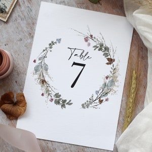 Autumn Wreath Table Number Cards, Wedding Table Number, Autumn Wedding Table Decor