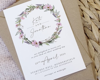Rustic Wedding Invitations, Wildflower Wedding Invite, Foliage Wedding Invitation, 5x7 'Whisper Wreath' collection SAMPLE