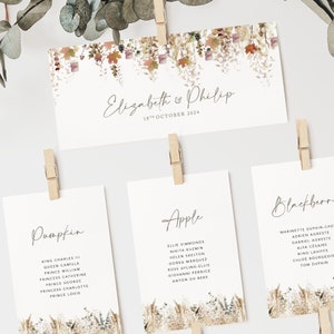 Tarjetas de plan de asientos de boda, tarjetas de plan de mesa de boda, tabla de asientos, colección 'Otoño caprichoso'
