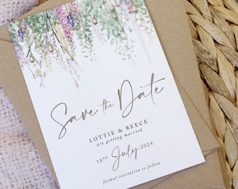 Whimsical Spring Save the Date Cards, Boho wedding Save the Date, Rustic Save the Date Cards, Sage Green Save the date, Blush Pink, Foliage