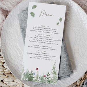 Menu de mariage de fleurs sauvages, cartes de menu de mariage, menus pour mariage, petit déjeuner de mariage, menu de boissons, menu de dîner de mariage, menu personnalisé