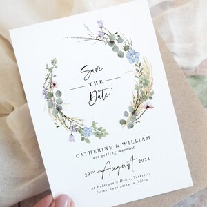 Immergrüner Kranz A6 Save the Date Karten | Hochzeit Save the Dates | Rustikale Save the Date Karten | Wildblume | Elegante Hochzeit