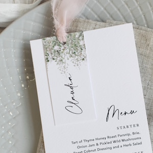 Rustic Wedding Menu & Guest Name Tag tied with raw edge ribbon. 'Whimsical Windsor' collection. White Card.